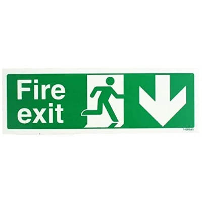 Image of V Safety Glow In The Dark Fire Exit Arrow Down Sign 300mm x 100mm Rigid Plastic