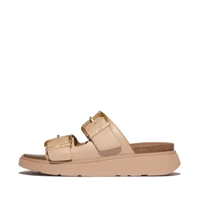 Image of Fitflop Women&#039;s GEN FF Buckle Two BAR Leather Slides Sandal, Beige, 6.5 UK
