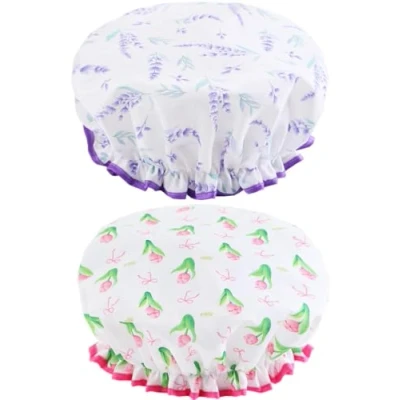 Image of Bath Caps Elastic Band Waterproof Shower With Ruffled Edge Covering Ears Keeping Hair Dry Kitchen Oil proof Cap for Girls and Women (Floral)