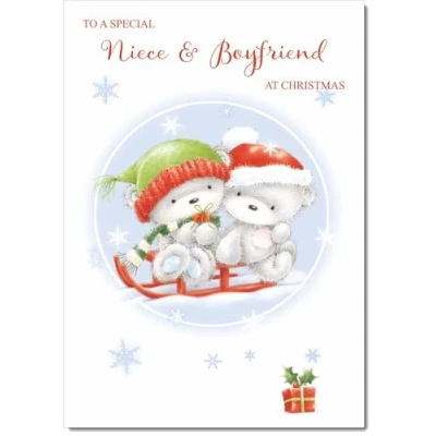 Image of doodlecards Niece and Boyfriend Christmas Card Cute Bears on Sled Medium Size for &amp; with Plain Envelope