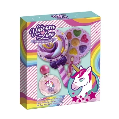 Image of Unicorn Love Lollipop Make up Set for Little Princesses Complete with Eau de Toilette Spray (50ml), Eye Shadows, Blusher, Lip Gloss and Applicator