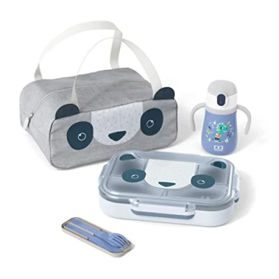 Image of monbento Kids Seasoned Explorer Lunch Box Set with Tray MB Wonder, Insulated Bag Wonder Travel, Pocket Color Cutlery and Water Bottle Stram Blue