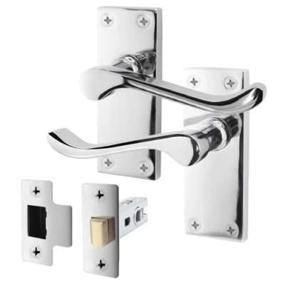 Image of EAI Polished Chrome Victorian Scroll Door Handle Latch Set 1 Pair of Internal Lever Handles on Backplate &amp; (64mm)