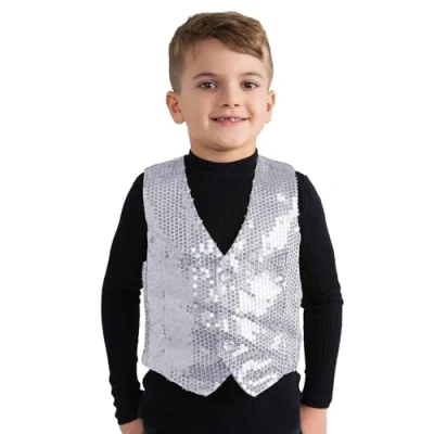 Image of Dress Up America Sequin Vest Kids Shiny Dance Sparkly Waistcoat For Silver Party Costume