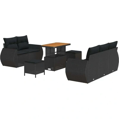 Image of vidaXL 8 Piece Garden Sofa Set with Cushions Black Poly Rattan Acacia