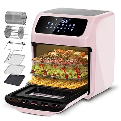 Image of LLIVEKIT 12L Air Fryer Oven with Rotisserie, Family Sized 12 Presets, Electric Mini Oven, Oil Free Fryer, 90 Minute Timer, Cookbook, 6 Accessories, 1800W, Pink