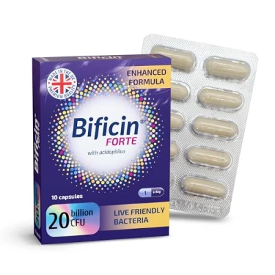Image of Bificin Forte Probiotics and Prebiotics for Gut Health 20 Billion CFU 10 Live Bacterial Cultures: Lactobacillus Acidophilus, Lactis, Rhamnosus &amp; Bifidobacterium Longum, Breve, Bifidum Capsules
