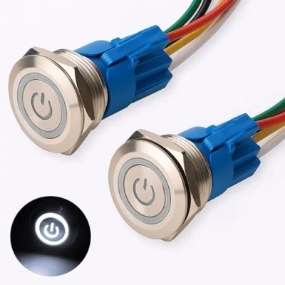 Image of Gebildet 2 Pieces 0.87&#039;&#039;/22mm Stainless Steel Latching Push button Switch 12V 24V 5A Power Symbol LED 1NO1NC SPDT ON/OFF Waterproof Toggle with Wire Socket Plug (White LED)