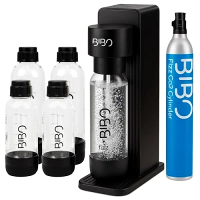 Image of BIBO Fizz Pack Sparkling Water Maker &amp; Soda Machine Make Carbonated Fizzy Drinks at Home Includes 60 Litre CO2 Gas Canister, 2 x 1 500ml Reusable BPA free Bottles, Black
