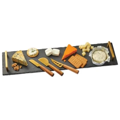 Image of Occasion Rectangular Natural Slate Serving Platter with Brass Handles &amp; 3 Speciality Cheese Knife Set Gift Boxed