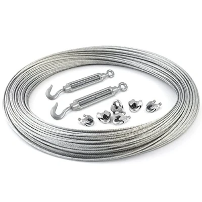 Image of Set 5m Steel Wire Rope galvanised 8mm Strand: 6x19 + 6 Clips 2 turnbuckles Hook Eye Many Sizes Avaliable