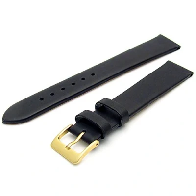 Image of Fine Calf Leather Watch Strap Band 22mm Extra Long XL Black with Gilt (Gold Colour) Buckle. Free Spring Bars (Watch Pins)