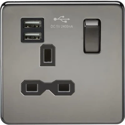 Image of Knightsbridge Screwless Single Switched Socket with Dual USB Charger in Black Nickel Insert, SFR9124BN