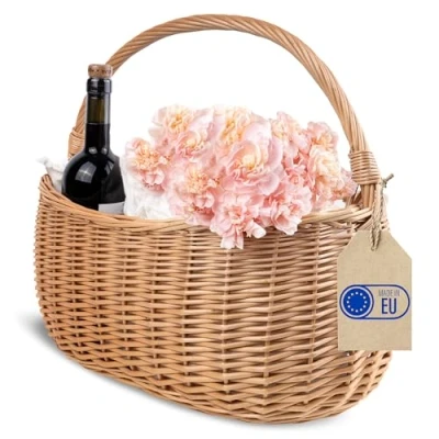 Image of Creative Home Wicker Shopping Basket 45 x 26 41 cm (+/ 2 cm) Large with Handle Handmade Durable Natural Brown Thick Willow Woven Easter, Picnic, Fruit, Gift