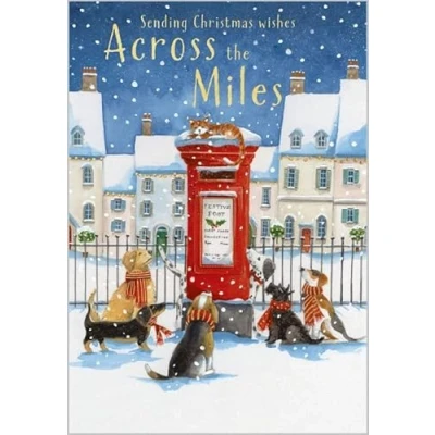 Image of Abacus Cards Artistic Christmas Greeting Card Across The Miles Dogs Around Post box Embossed With A Gold Foil Finish, Multicoloured, 135 x 196 mm
