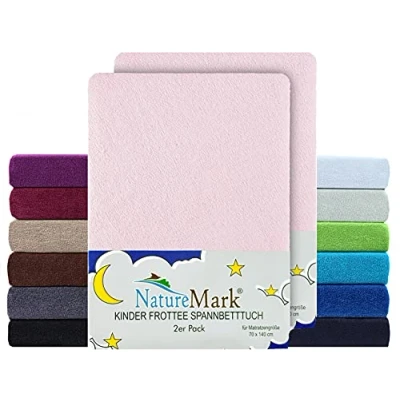 Image of NatureMark Pack of 2 Children&#039;s Terry Fitted Sheets, Cuddly Soft, for Baby Cot and Cot, 70 x 140 cm, Pink