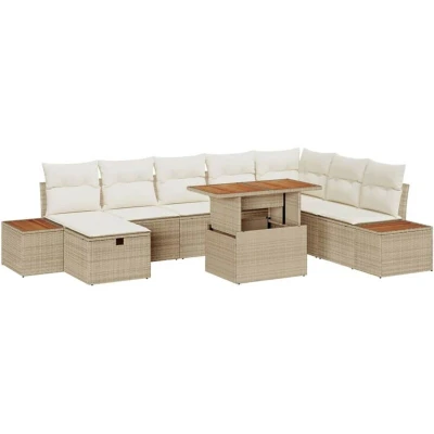 Image of vidaXL 9 Piece Garden Sofa Set with Cushions Beige Poly Rattan Acacia