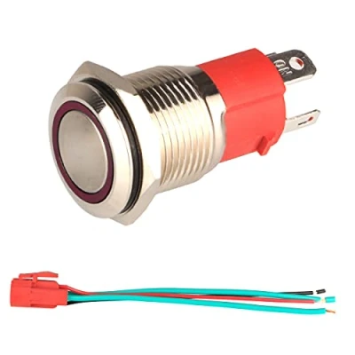 Image of GUUZI 12V 24V /15A Momentary Push Button NO Waterproof Red LED Light Illuminated 16mm Metal Power Start Pushbutton with Socket Plug Wire