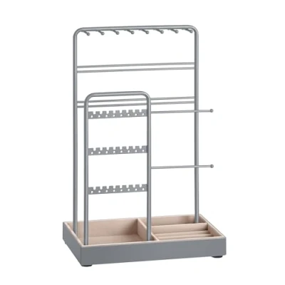 Image of SONGMICS Jewellery Stand, Organiser, Display Stand with Metal Frame and Velvet Tray, Earring Bracelet Holder, Necklace for Studs, Rings, Gift Idea, Dove Grey JJS021G01