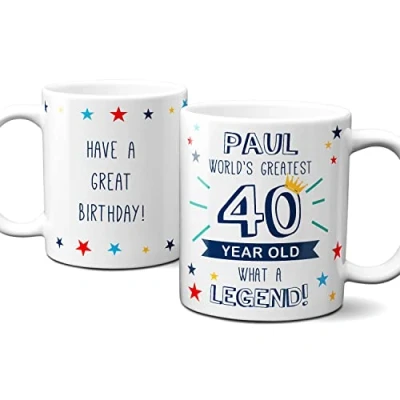 Image of Personalised World’s Greatest Age 40 Mug, 40th Birthday Gift, mug for year old man, cup Birthday, gift old. Add Name and Message.
