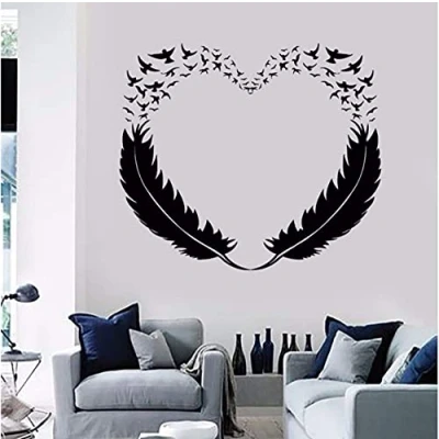 Image of WANGSHUAISAdesivo da parete piuma in bianco e nero a forma di cuore uccello volante adatto per camera letto soggiorno adesivo vinile impermeabile 49 x 42 cm