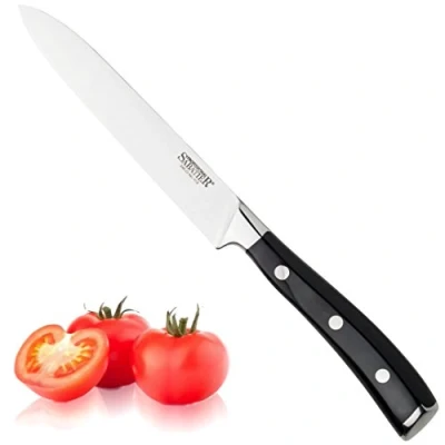 Image of Professional Sabatier All Purpose Knife 4.5in/12cm Full Tang Blade Forged from Chrome Molybdenum Vanadium Stainless Steel. Chic Carbon Black Triple Rivet Handle. 25 Year Guarantee. Dishwasher Safe.