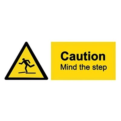 Image of 2 x Warning CAUTION MIND THE STEP Sign Removable Self Adhesive Waterproof Durable Vinyl Label Sticker 225mm 106mm
