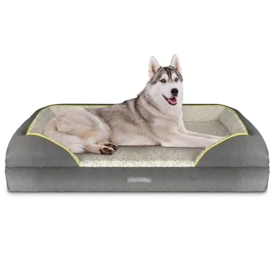 Image of Dreamcatcher Grey XXL Dog Bed 122x89x20cm, Orthopaedic Memory Foam Beds Base, Shredded Bolster with Sherpa Fleece Top. Waterproof Sides, Non Slip Base and Removable Washable Cover