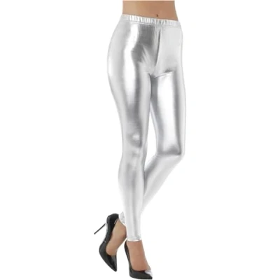 Image of Smiffys 80s Metallic Disco Leggings, Silver , 1980&#039;s Fancy Dress, 1980s Dress Up Costumes