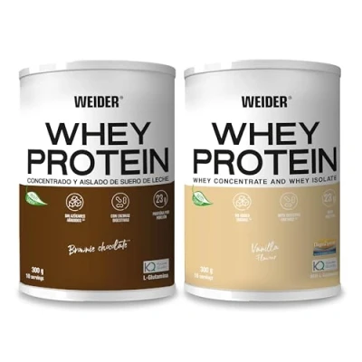 Image of Weider Whey Protein Duo Pack (2x300g) Chocolate &amp; Vanilla Flavours. from Concentrate Isolate, 23g/Serving. with Digestive Enzymes, L Glutamine Kyowa Quality and Stevia. No Added Sugars