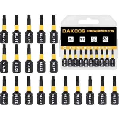 Image of DAKCOS T15 Torx Bit, Impact Driver Bits, 1/4&quot; Screwdriver Bit Sets, 20PCS Premium S2 Alloy Steel 25mm Long