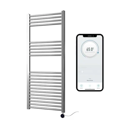 Image of Greened House Chrome Electric Smart WiFi Controlled Heated Towel Rail 500mm W x 1200mm H Flat 7 Day Programmable Timer App Compatibility
