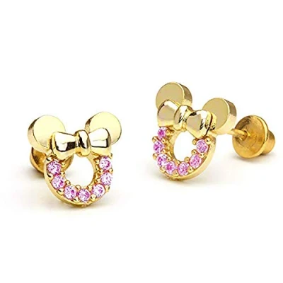Image of Kaguyo Silver Earrings for women, 925 Sterling pave Amethyst Clear Blue Red Zirconia Cute Mouse Stud Women Girls kids, Design Birthday Gift (pink)