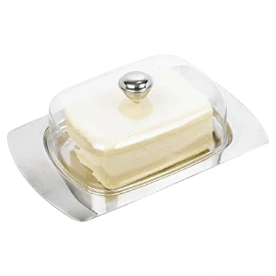Image of Bamboo Or Stainless Steel Butter Dish &amp; Acrylic Lid Kitchen Breakfast Dining (Stainless Base Dish)
