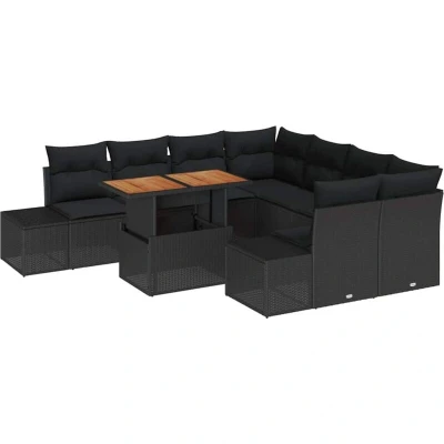 Image of vidaXL 9 Piece Garden Dining Set with Cushions Black Poly Rattan Acacia