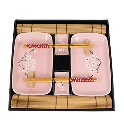 Image of EXZACT Sushi Plate Set 10pcs 2 x Plates, Dip Bowls, Placemats, Chopsticks Rests, Pairs of Highquality Porcelain Gift Box Pink