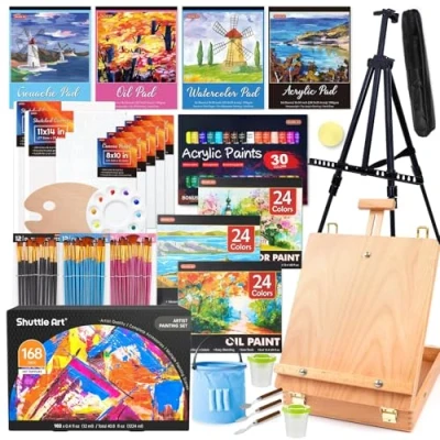 Image of Shuttle Art 168 Pcs Artist Painting Set, Set with Stand &amp; Wooden Table Top Easel, Acrylic Paints,Watercolour, Gouache, Oil Paints, Mixed Media Supplies for Adults, Teens, Artists Kit
