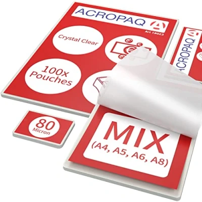 Image of ACROPAQ Laminating Pouches 100 Pack, Mixed (A4, A5, A6, A8), 160 Micron (2 x 80 Micron), Glossy Finish, Premium Quality, Rounded Corners, Ideal for Photos and Notes 18023