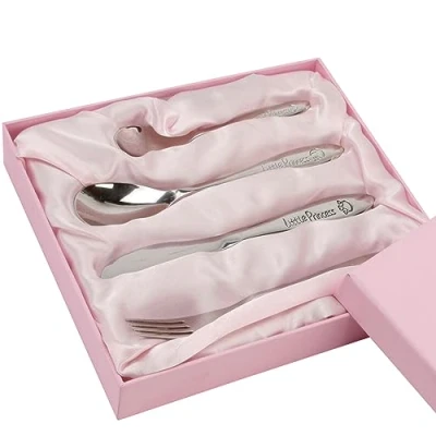 Image of Silver Plated 4 Piece Cutlery Set Little Princess Boxed Lovely Gift for New Baby, Christening or Baptism Pink