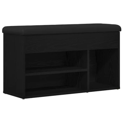 Image of vidaXL Black Oak Entryway Shoe Bench Matte Finish with Faux Leather Cushion Seating and Storage Shelves