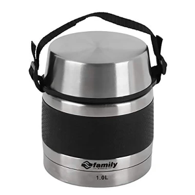 Image of FAMILY Stainless Steel Thermos Flask, Insulated Solid and Liquid Container, with Inner Container for Soups, Dips, Salads (Black, 1L)