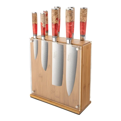 Image of Katana Saya Elements 9 Piece Kitchen Knife Block Set, Volcanic Red, VG 10 Damascus Steel with Olivewood and Resin Handle (KER 900/9B)