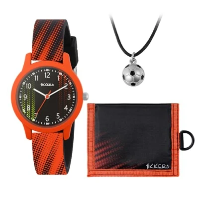 Image of Tikkers Boy&#039;s Black &amp; Orange Football Analogue Quartz Watch, Necklace and Wallet Gift Set
