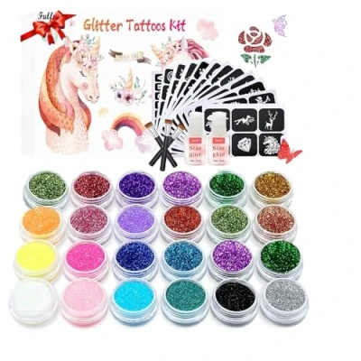 Image of Glitter Tattoos Kit, 24 Colors Temporary Tattoos/Body Tattoos, Body Make up for Party, Halloween, Birthday,Christmas