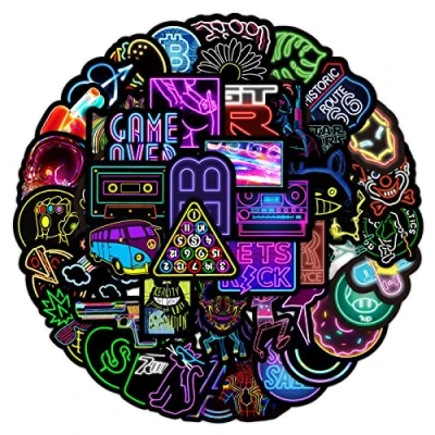 Image of Neon Stickers Pack 50pcs, Cool Graffiti Sticker, Waterproof Vinyl Decals, PVC Personalised Vintage Pop Art for Laptop Snowboard Skateboard Scooter Bicycle Mobile Phone Water Bottle