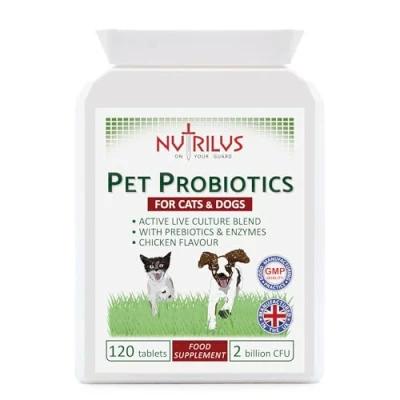 Image of Probiotics For Dogs &amp; Cats 120 Tablets 2 Billion CFU Pets with Prebiotics Digestive Enzymes Chicken Flavour Gut Bacteria Health Digestion Support