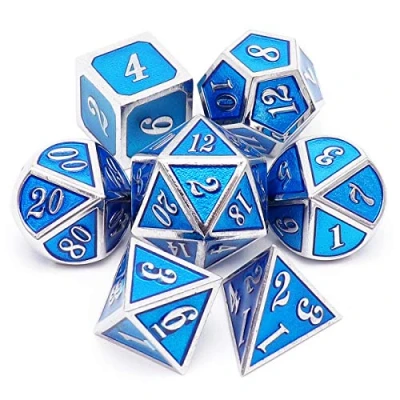 Image of Haxtec Metal Dice Set D&amp;D Polyhedral DND for Dungeons and Dragons RPG Table Games Silver Tiffany Blue