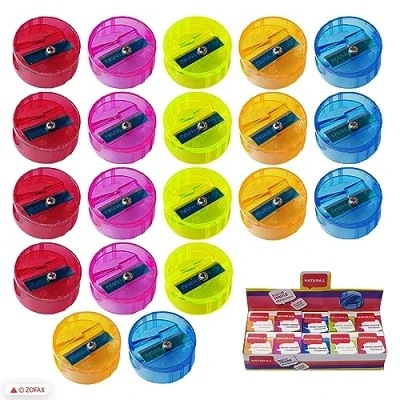 Image of NATARAJ Neon Round Shaped Plastic Pencil Sharpeners, Pack of 20, Single Hole Translucent Multi Coloured Pack, Ideal for School Home Office Use