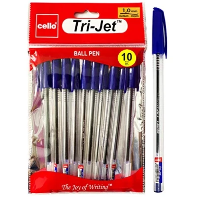 Image of Cello Tri Jet Ballpoint Pens Extra Grip Medium Point Biros (1.0 mm) Blue Pens, Pack Of 10