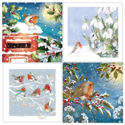 Image of GBCC Charity Christmas Cards Pack of 20 with Artistic Robin Snowy Scenes Eco Friendly Xmas Multipack Envelopes